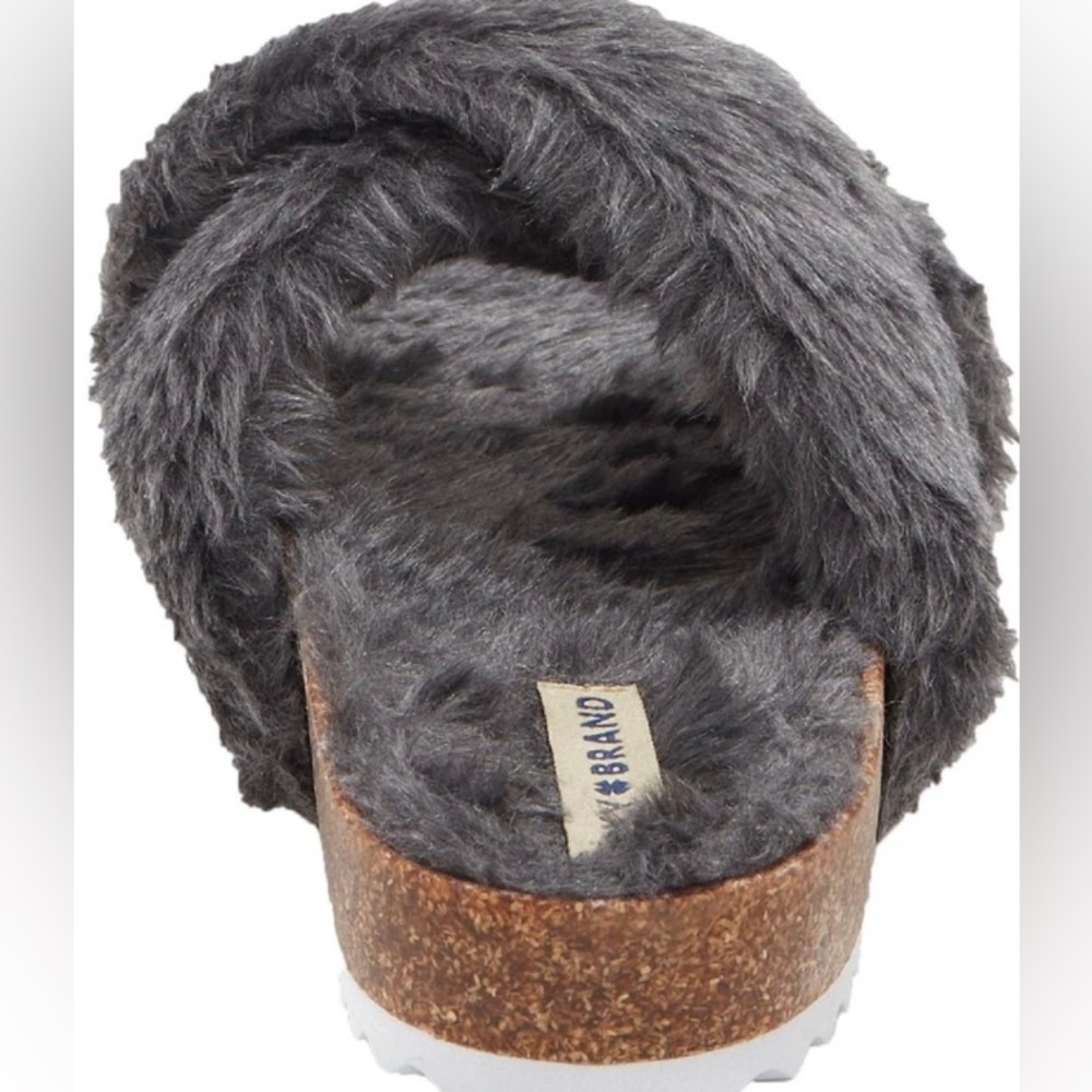 NIB [Lucky Brand] Marana Faux Fur Cork Slide Sandals in Graphite Women’s Sz 5.5 - Picture 3 of 12
